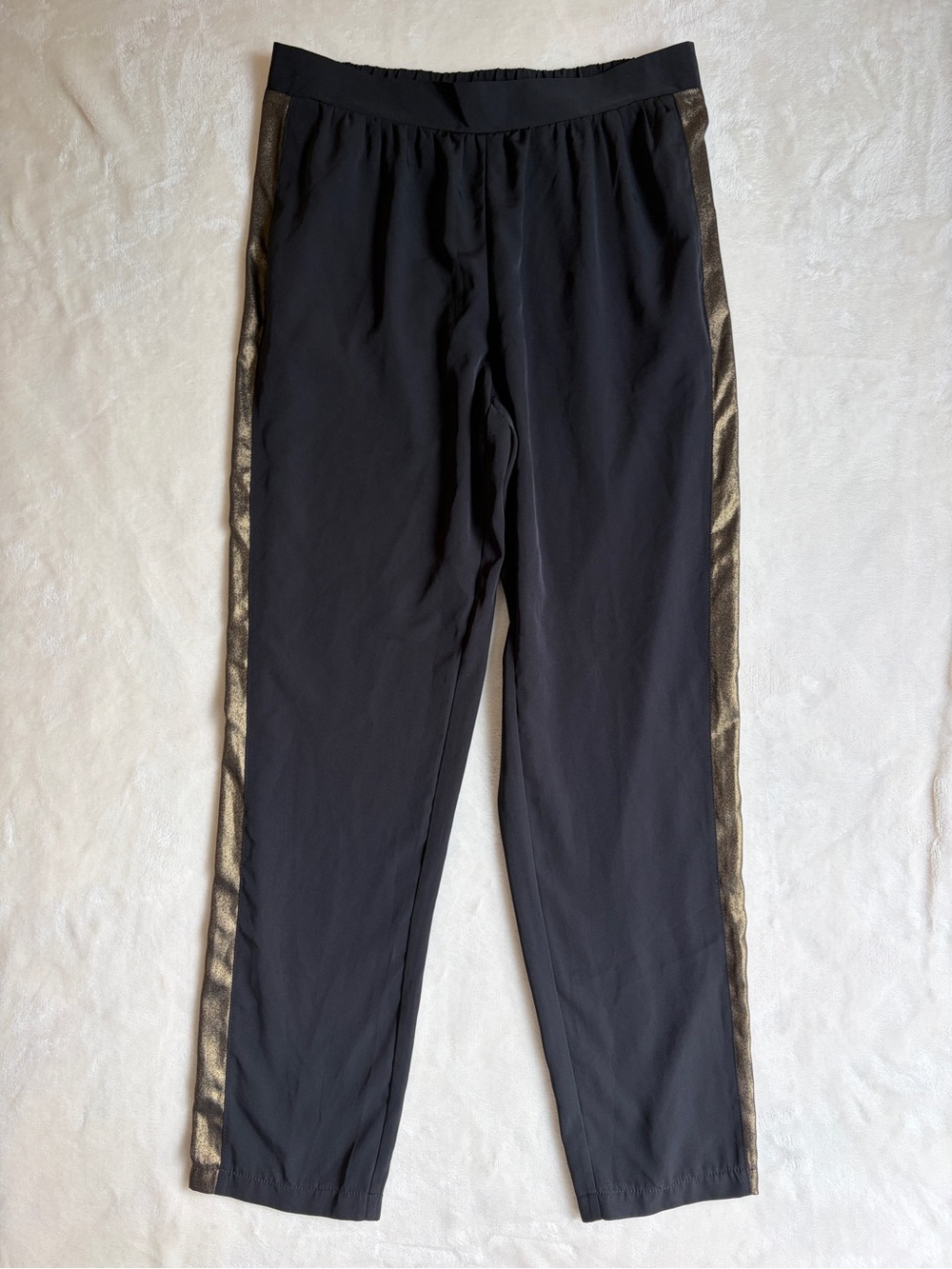 Miss Selfridge Black Tapered Pants with Gold Metallic Side Stripe - Size 6